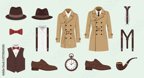 A collection of vintage mens clothing and accessories on a light green background