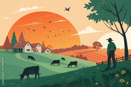 Expansive farmyard scene, tranquil cows grazing peacefully, watchful farmer overseeing livestock in golden hour.