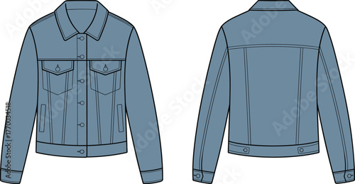 Blue denim jacket CAD flat fashion vector illustration, front and back technical clothing design template, modern streetwear apparel sketch for fashion designers