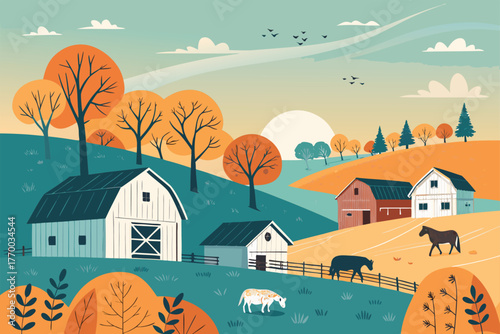 Expansive rural panorama featuring rustic barns, lush green pastures, and a herd of grazing animals under a vast sky.