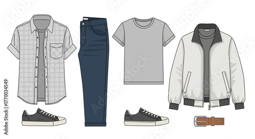 Fashion outfit including shirt tee jacket jeans belt  sneakers