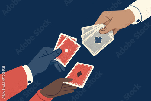 Top-down, overhead view, detailed shot of hands holding, passing, and exchanging playing cards during an intense, fast-paced game, focus on movement and strategy.