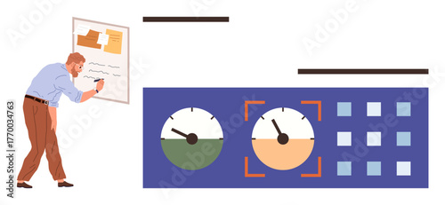 Man writing on a board near a dashboard with dials and data elements. Ideal for strategy, planning, productivity, analytics, organization, task tracking, business operations. Simple flat metaphor