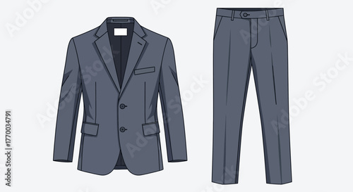 A gray suit with a blazer and matching dress pants both with subtle detailing