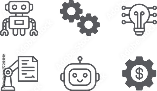 Set of six minimalist line art icons representing robotics technology ai and innovation concepts vector