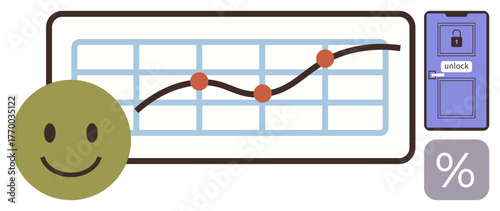 happy face beside graph with upward trend, locked door with unlock option, and percentage icon. Ideal for success, growth, analytics, opportunities, progress optimism achievement. Simple flat