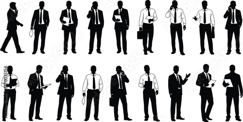 Businessmen silhouettes, professional men, corporate attire, office poses, career icons, confident gestures, formal wear, workplace scene, business concept, employee vector, success, leadership
