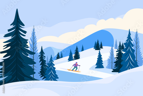 Skiing against a beautiful winter mountain landscape. Vector illustration of a winter landscape with a skier. Concept of winter activities and outdoor sports.