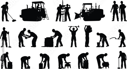 Construction silhouettes, manual labor, workers with tools, heavy machinery, occupational tasks, industrial jobs, physical work, job icons, workplace safety, labor force, equipment use, effort