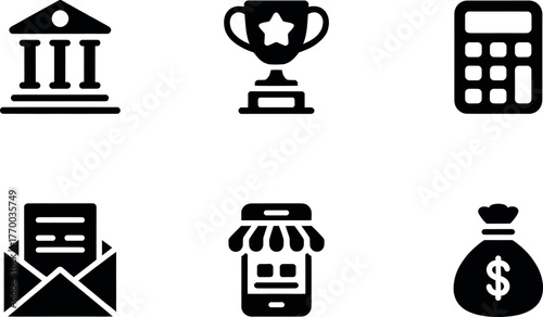 Set of six black and white icons representing finance business success and commerce for digital use vector