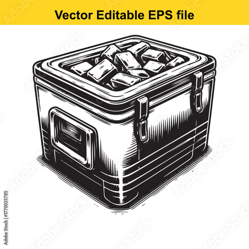 Black and white sketch of a portable cooler filled with ice cubes, perfect for outdoor adventures and keeping drinks cold