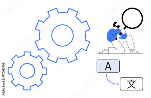 Man examining language conversion steps with a magnifying glass. Blue gears symbolizing processes. Ideal for translation, linguistics, workflow, innovation, problem-solving, research, technology