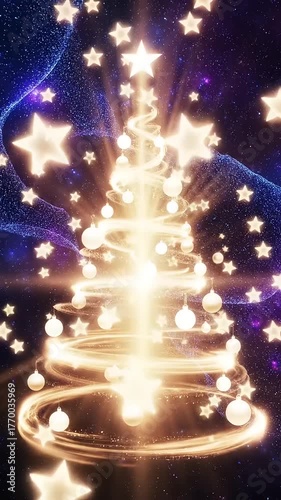 Glowing Christmas Tree with Bright Star and Sparkling Lights in Space Themed Background