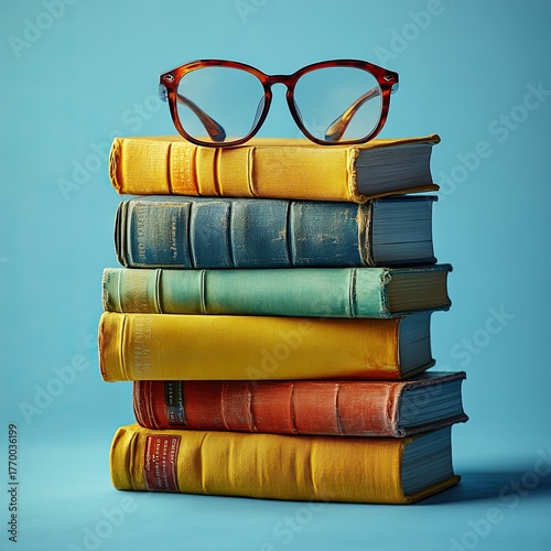 Stack of Colorful Books with Reading Glasses