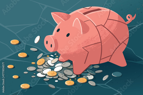 Extreme close-up of a cracked porcelain piggy bank shattered, golden coins spilling out onto a distressed wooden surface, showing meticulous detail.