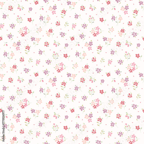 Cute small flower pattern, ditsy floral seamless pattern on light background. Wildflower repeat pattern print. Hand draw style. Flower surface design for fashion, texture, fabric, wallpaper