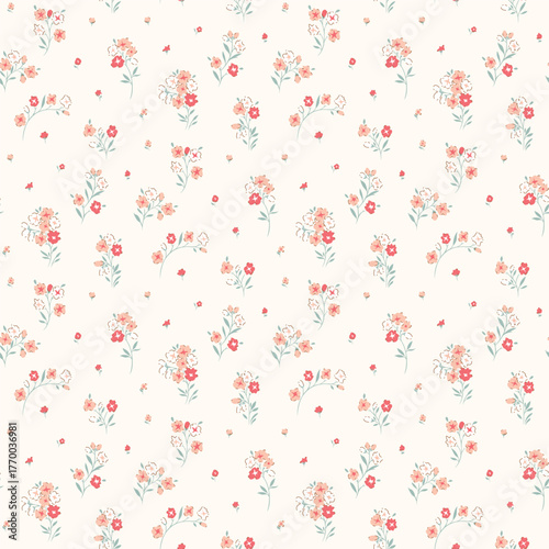 Ditsy floral seamless pattern. Small little flower pattern on light background. Wildflower repeat pattern print. Hand draw style. Botanic flower surface design for fashion, texture, fabric, wallpaper