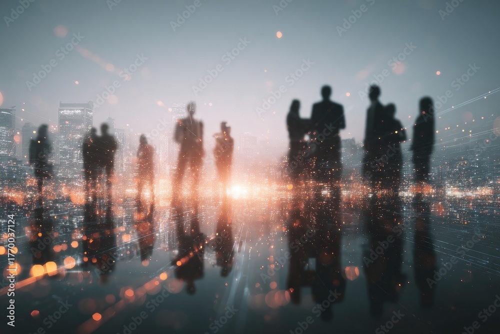 Obraz premium Blurred silhouettes of a diverse group stand before a cityscape, illuminated with digital light