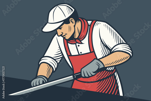 Extremely close-up, detailed perspective of a skilled butcher meticulously sharpening a long, gleaming steel knife on a worn, traditional whetstone.