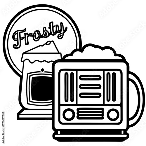 A frosty beer mug beside a vintage jukebox in ret on white background