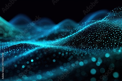 Abstract digital wavy landscape of blue and teal particles against a black background