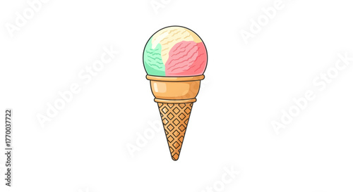 A vibrant three-scoop ice cream cone featuring vanilla, strawberry, and mint flavors in a classic waffle cone.