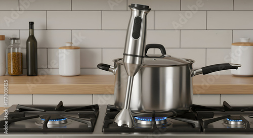 Stainless steel pot and immersion blender on a gas stove in a modern kitchen. A home cook prepares a meal with kitchen appliances in a clean, well-lit contemporary kitchen setting.