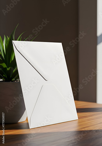 A blank white envelope sits on a wooden surface, beside a potted plant. A minimalist, professional-looking mockup of a blank envelope, ideal for showcasing design possibilities.