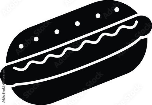 Simple black and white silhouette illustration of a classic hot dog with mustard in a bun