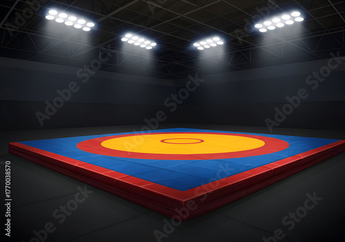 Empty wrestling mat in an arena with spotlights