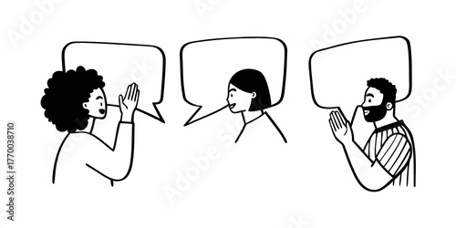 Three people communicating with speech bubbles in a black and white line drawing illustration