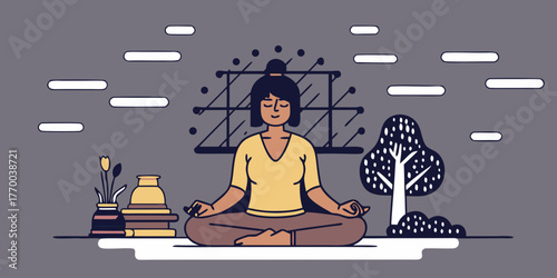 Illustration of a woman meditating in a room with a tree, books, and abstract wall art decor