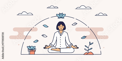 Woman meditating in lotus position with plants clouds and leaves in a peaceful zen like setting