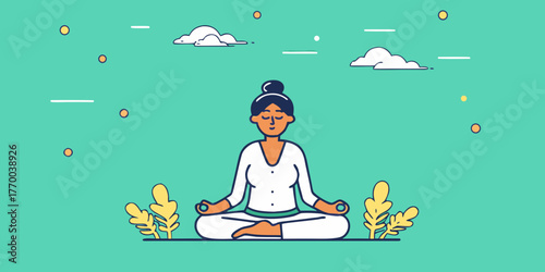 Woman in lotus position meditating with white clouds and plants against a teal background artfully drawn