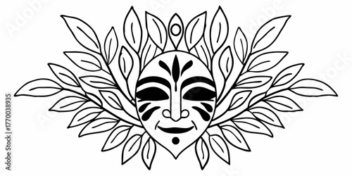 Stylized mask surrounded by leafy branches in a symmetrical line drawing illustration style art