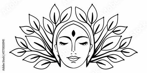 Woman's face with closed eyes and a bindi, surrounded by stylized leaves in a symmetrical arrangement
