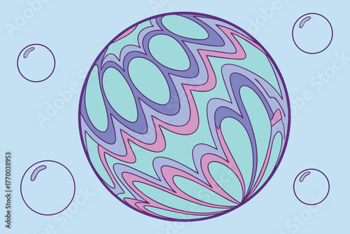 Psychedelic planet with swirling patterns and floating bubbles on light blue background Keywords: planet