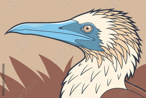 Close-up profile of a blue-footed booby bird with detailed feathers and beak Keywords: bird, blue-footed