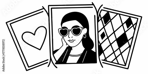 Illustration of a woman with heart shaped glasses between a heart card and a diamond card