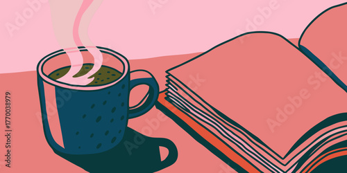A cozy scene featuring a steaming mug of coffee next to an open book on a pink background illustration