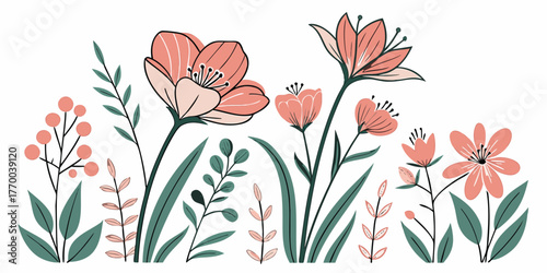 Illustration of peach colored flowers with green leaves and stems on a white background design art