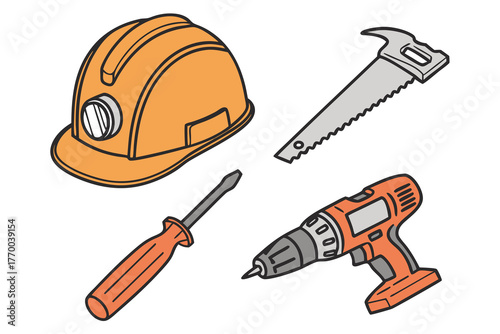 Construction Tools Including Hard Hat Screwdriver Saw and Drill helmet safety