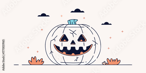 Illustration of a white halloween pumpkin with clouds and leaves on a light cream colored background