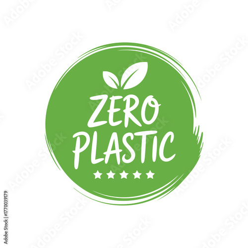 Green circular badge with text zero plastic and two leaves symbol