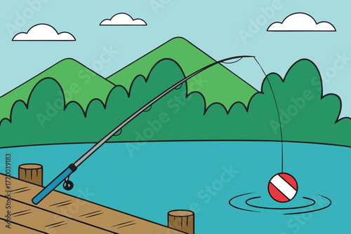 Fishing rod on wooden pier with bobber in water dock