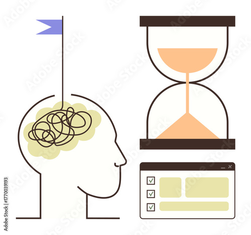 Human head with tangled brain, hourglass symbolizing time, checklist for task completion. Ideal for productivity, goal setting, problem-solving, focus, time tracking learning efficiency. Simple
