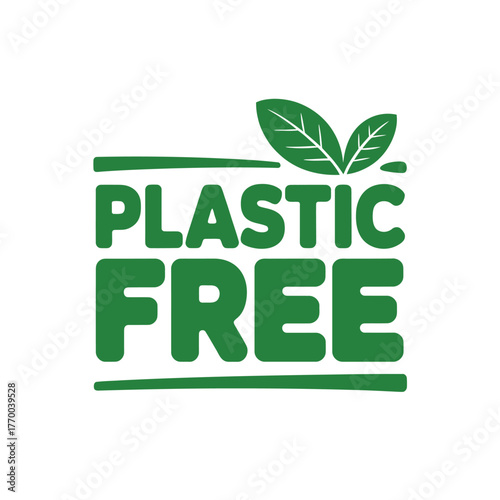 Green plastic free text with leaf symbol for eco friendly and sustainable products