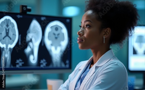 Medical Science Hospital: Confident Black Female Neurologist, Neuroscientist, Neurosurgeon, Looks at TV Screen with MRI Scan with Brain Images, Thinks about Sick Patient Treatment Method. Saving Lives