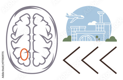 Human brain diagram with a highlighted part, airplane above an airport terminal. Abstract arrows signify movement and process. Ideal for neuroscience, aviation, decision-making, analogy, learning