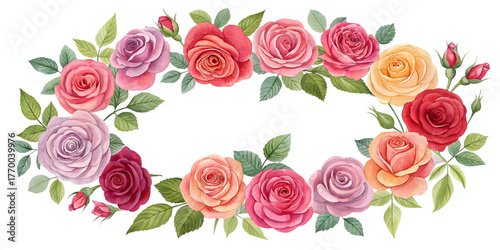 Roses frame floral wreath blooming garden bouquet